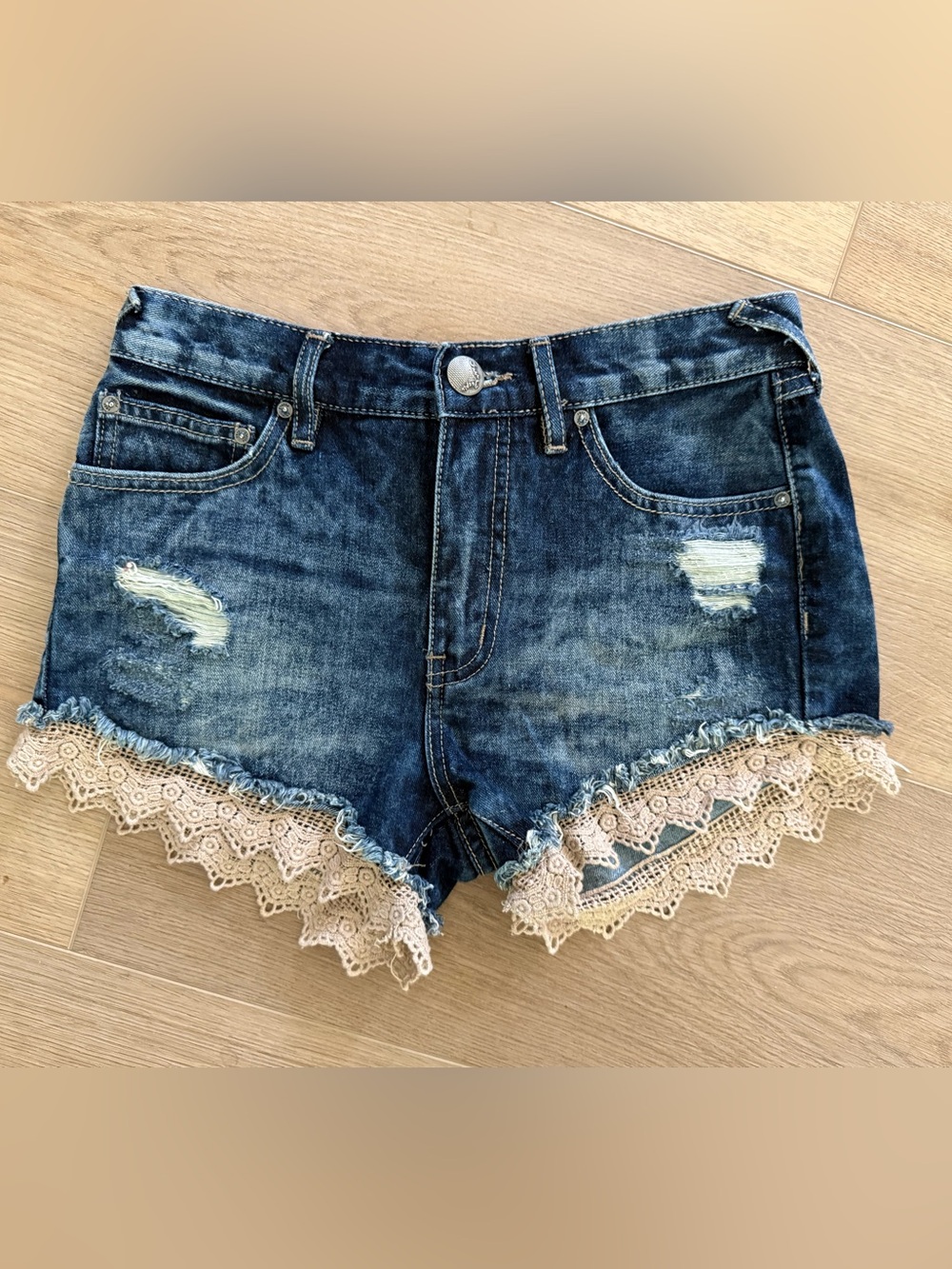 Free People Distressed Denim Crochet Lace Trim Cutoff Shorts Size 24